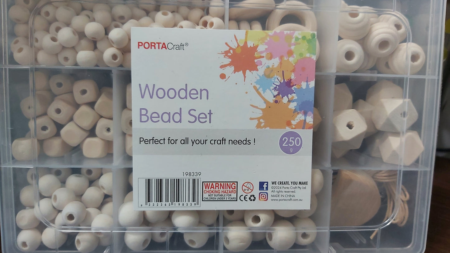 Beads wooden set 250gram asst shapes & sizes natural