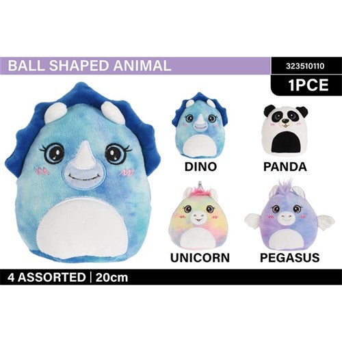 Plush ball shaped animal 20cm 4 assorted
