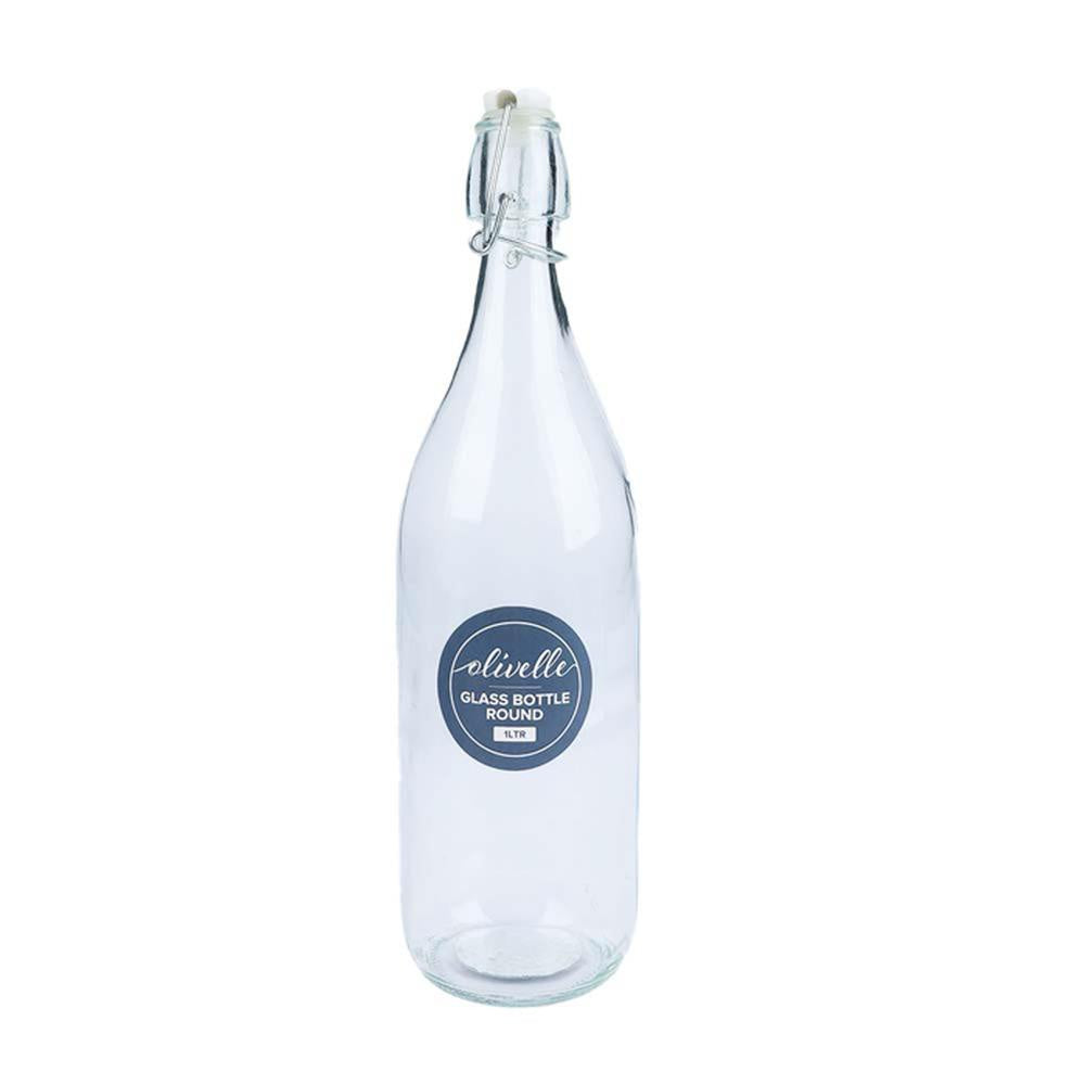 Glass bottle round clear 1L