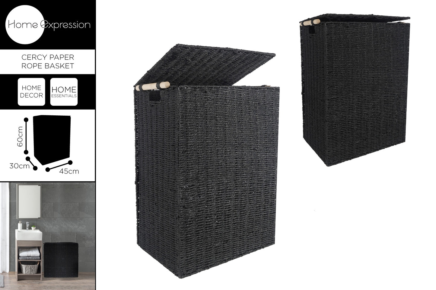 Cercy rope basket black w/wood handle collapsible 60x45x30cm