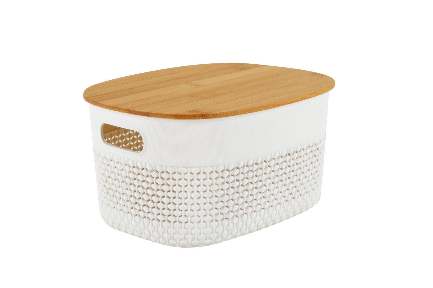 Oval white plastic basket w/bamboo lid 24x18x12cm