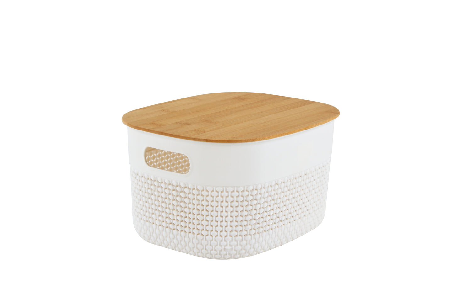 Oval white plastic basket w/bamboo lid 27x22x15cm