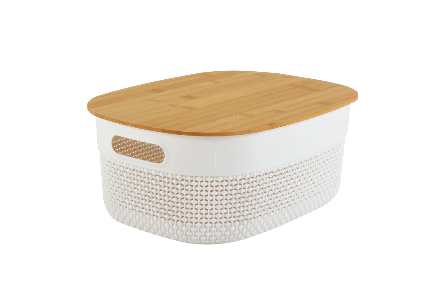 Oval white plastic basket w/bamboo lid 38x29x15cm