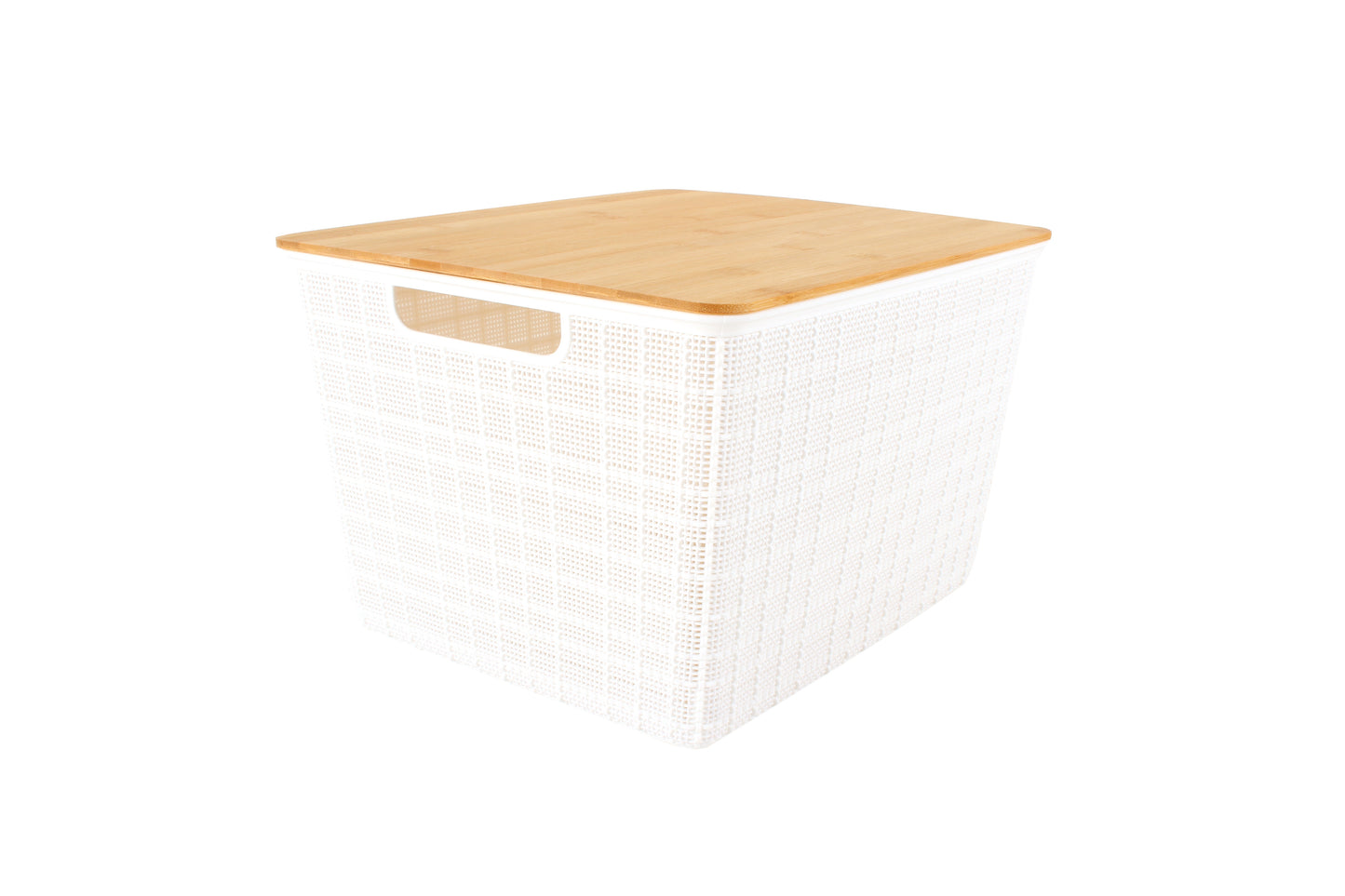 Plastic white storage basket with bamboo lid 35x30x22cm