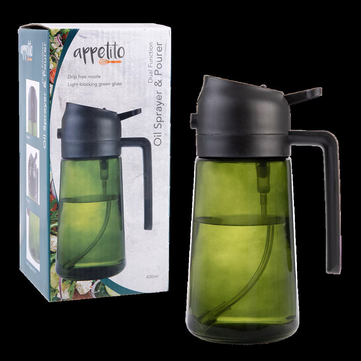 Dual function oil sprayer & pourer w/green glass