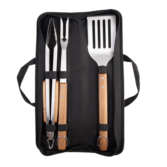 Urban Grill 3pce BBQ tool set Acacia handle w/carry case