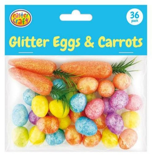 Glitter eggs 20mm 32pk & carrots 85mm 4pk