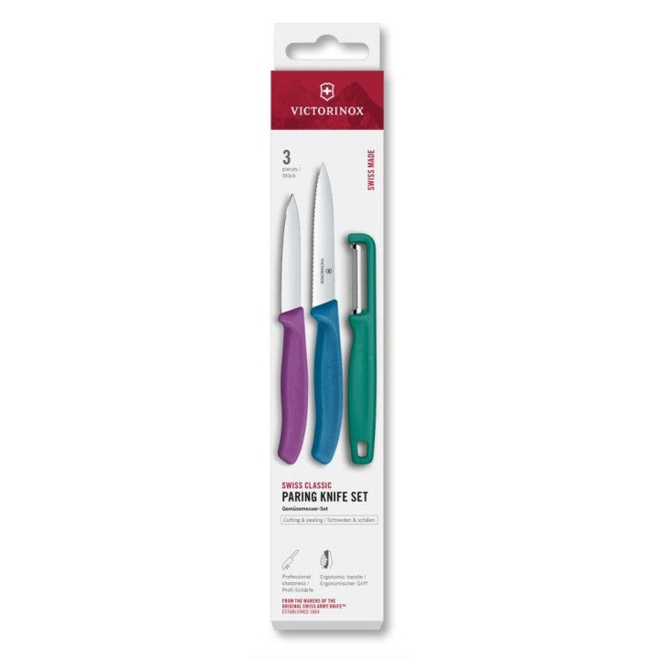 Knife set 3pce with peeler grn/purp/blue