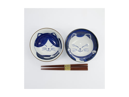 Kawaii Neko bowl 2pc w/chopsticks blue cat GB