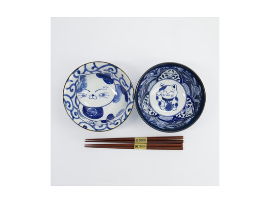 Kawaii Neko bowl 2pc w/chopsticks swirl cat GB