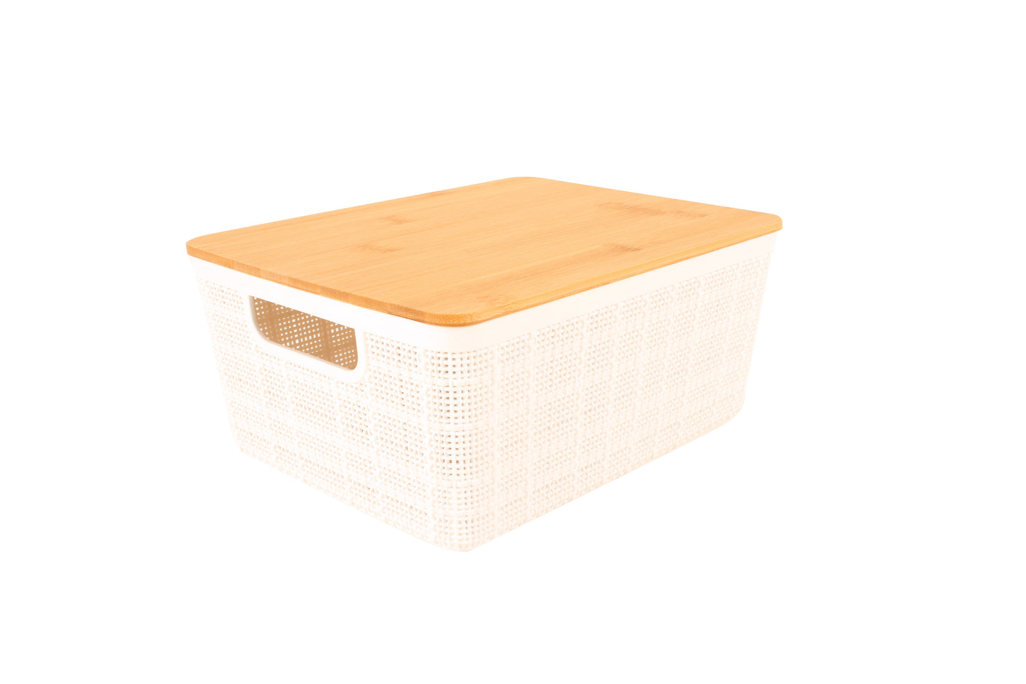 Plastic white storage basket with bamboo lid 24x19x11cm